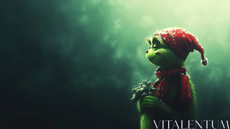 Green furry character in red Santa hat amid winter glow.