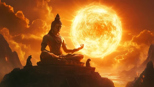 Solar meditating deity cradling a newborn sun of fire.
