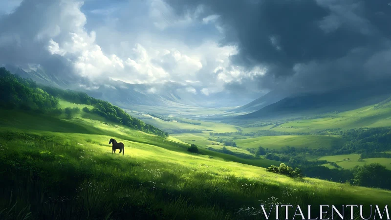 Solitary horse grazes under dramatic light across green valley