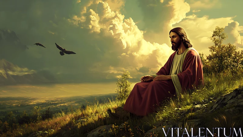 Sunlit prophet resting on a green hillside of quiet wonder.