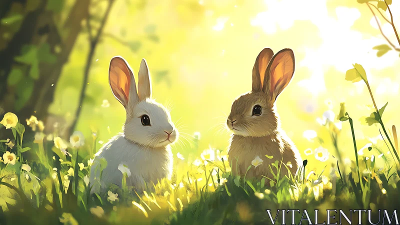 Sunlit meadow bunnies share a quiet springtime secret.