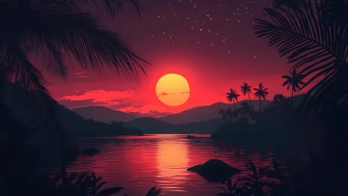 Crimson tropical sunset over calm palm-lined lagoon.