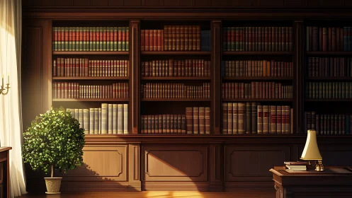 Sunlit classical home library with paneled shelving and decor.