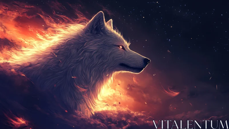 Starlit ember wolf rising from cosmic firestorm skies.