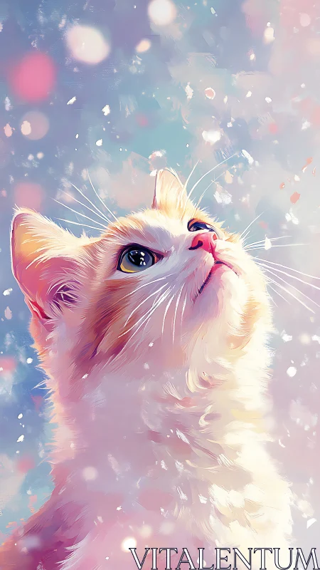 Ethereal Pink Cat with Luminous Gaze Amid Floating Particles.