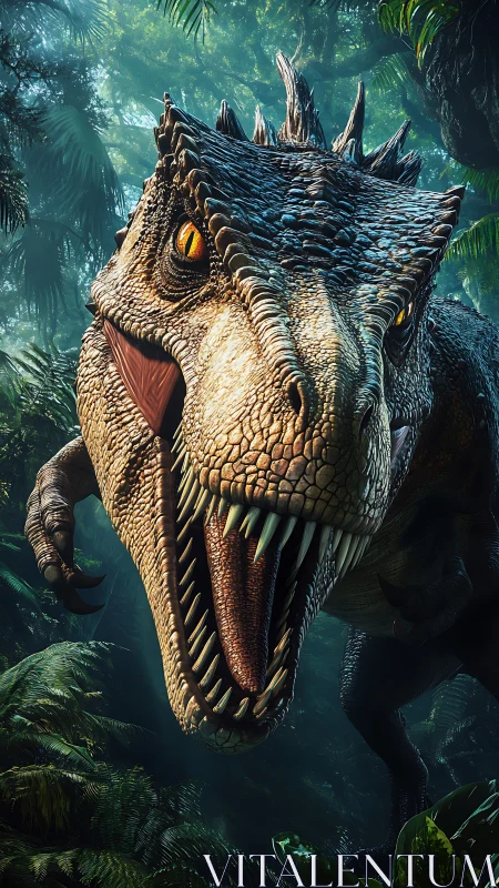 Predatory jungle titan lunges forward through misty ferns