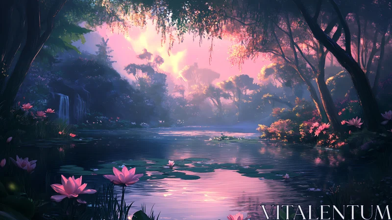 Enchanted lotus pond glows beneath a radiant twilight sky.