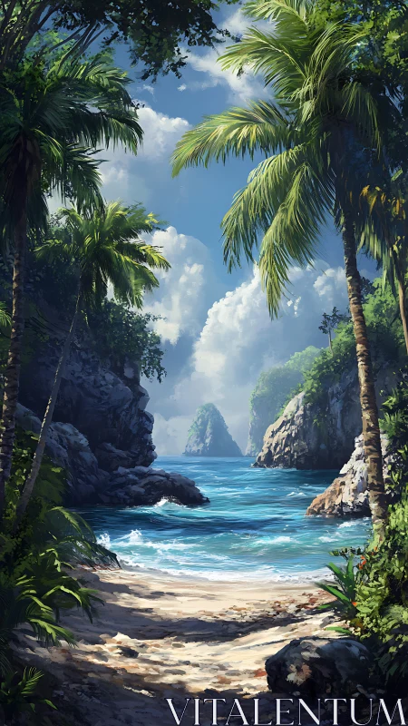 Limestone Cove Bracketed by Verdant Palms and Stratified Rockmass.