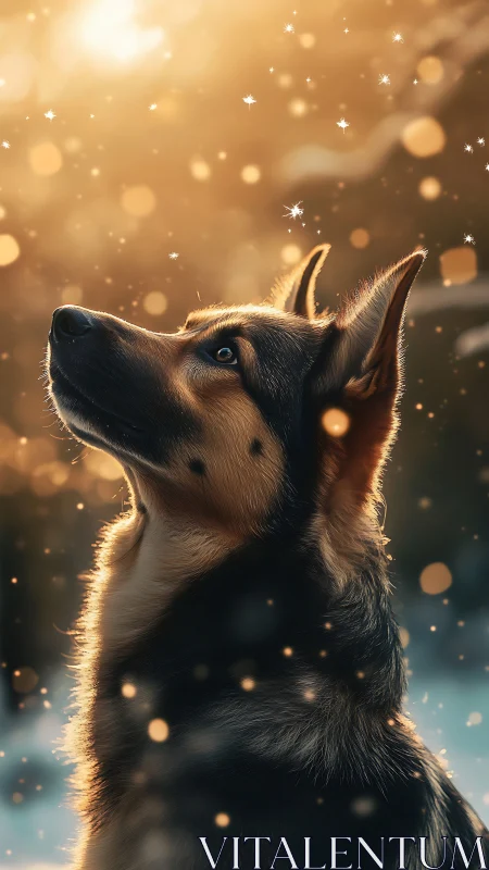 Gentle dog gazes into golden winter light with quiet wonder