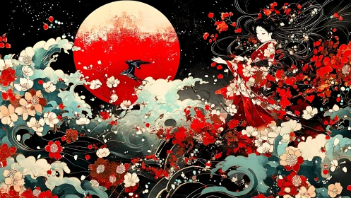 Digital painting of kimono maiden amid waves and crimson moon.