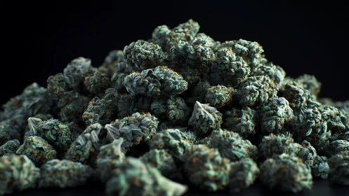 Dense pile of cannabis flower buds is arranged on dark surface