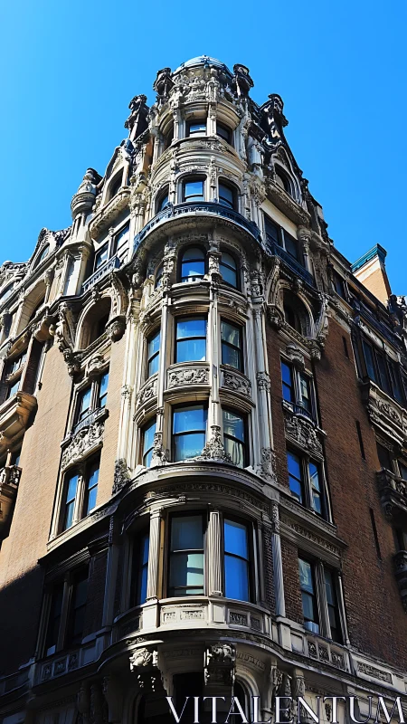 Neo-baroque urban corner facade with sculpted bay windows.