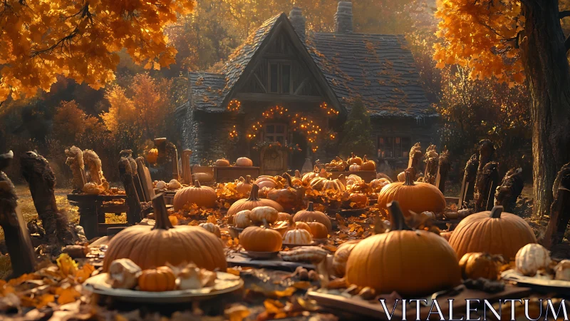 Autumn harvest table with pumpkins before rustic cottage.