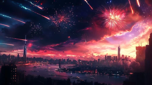 Firework-illuminated neo-urban skyline at sunset over river
