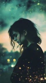 Side-lit female profile amid bokeh particles and teal dusk haze