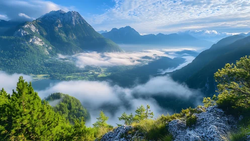 Morning clouds drift gently through a peaceful green valley