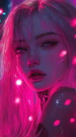 Female portrait under pink neon light with soft focus effect.