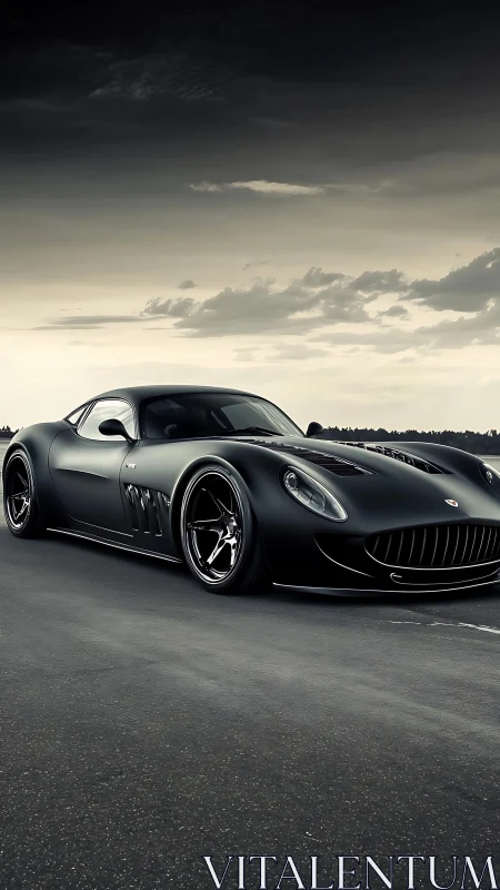Matte-black aero GT coupe under dramatic gradient sky.