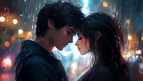 Two figures share an intimate moment in rain-soaked neon cityscape.