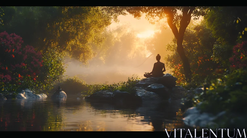 Meditating figure at sunrise in lush riverside forest