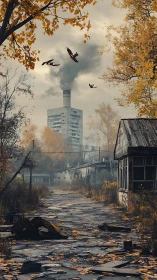Quiet autumn street meets distant smokestack and circling birds