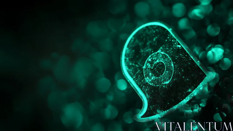 Glowing teal chat emblem with circular core in bokeh field