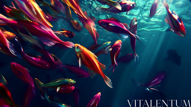 Colorful digital school of fish in deep ocean water.
