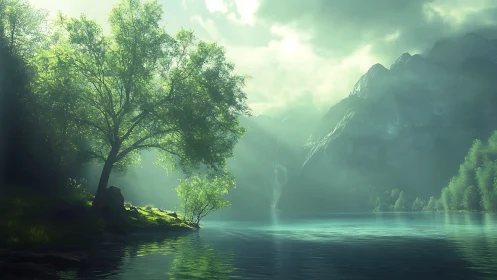 Sunlit mountain lake glows softly beneath drifting mist