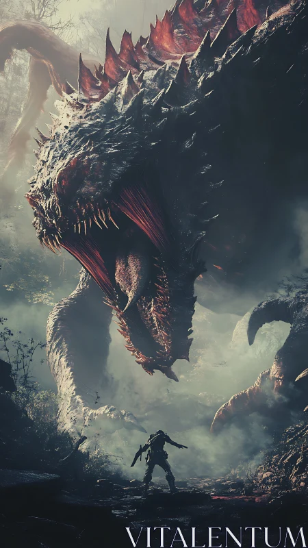 Brave explorer meets colossal dragon in a misty forest.