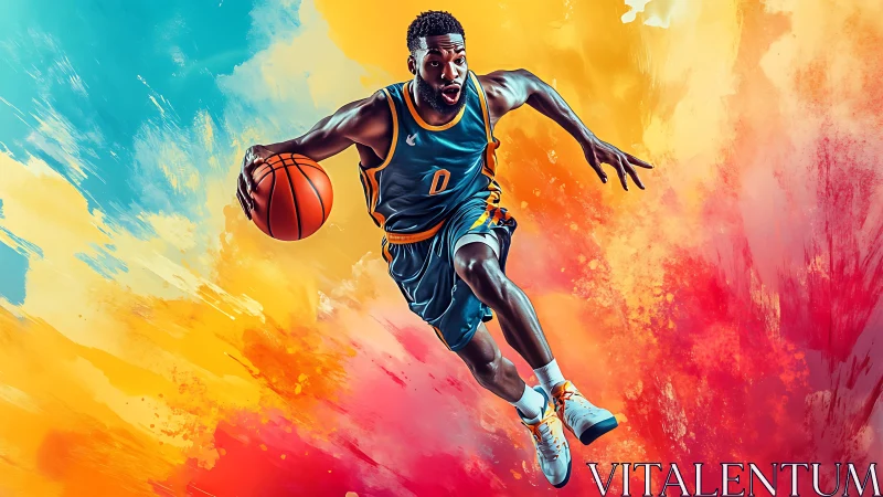 Dynamic basketball guard drives through vibrant color storm.