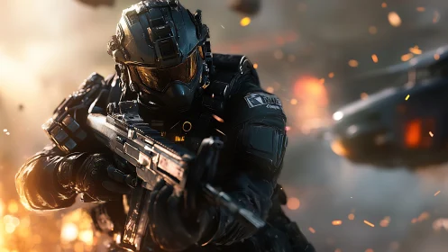 Futuristic armored soldier aims rifle in fiery battle.