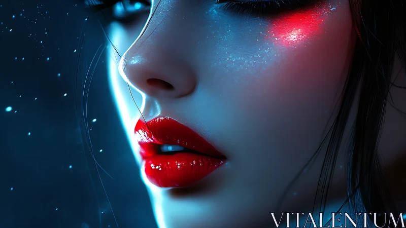Hyperreal female profile with specular red lips and bicolor rim lighting