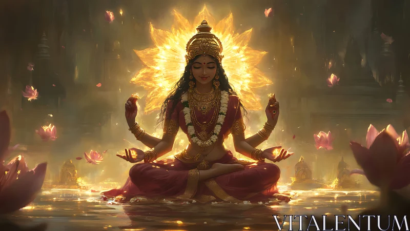 Radiant lotus goddess in serene golden meditation glow.