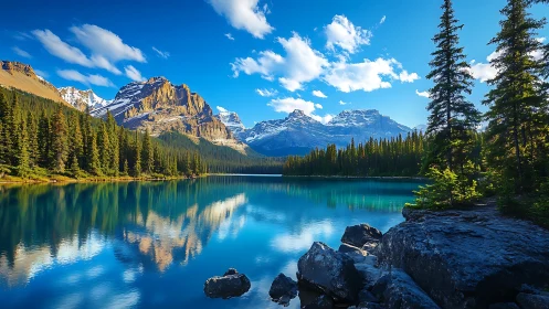 Crystal lake mirrors snowcapped mountains under a bright blue sky