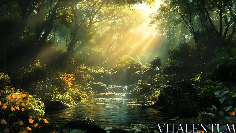 Sunlit forest pool cradling a secret cascade of light.