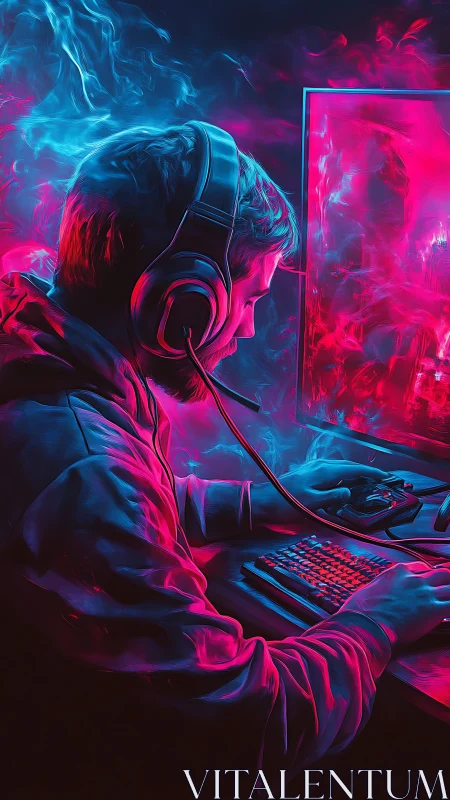 Neon gamer settles into a glowing world of focused play