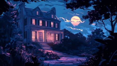 Moonlit mansion facade under deep blue night sky.