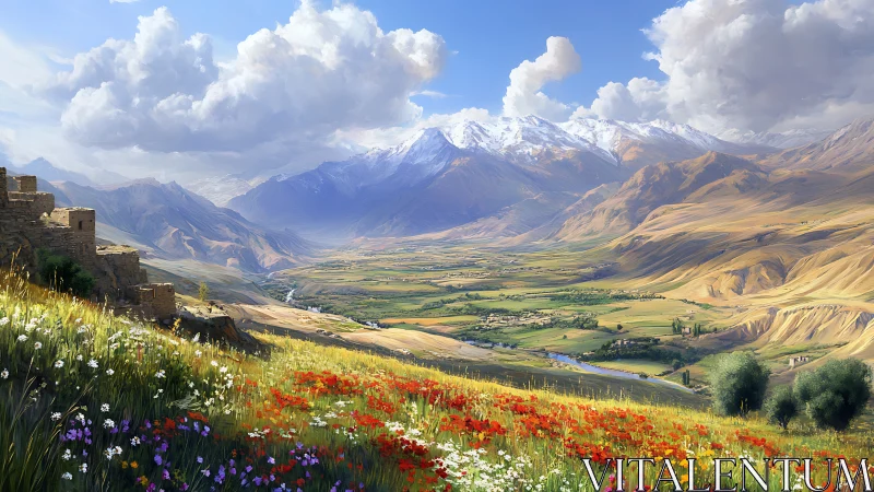 Mountain valley with wildflowers under broad clouded sky.