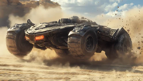 Futuristic desert rover kicking up sand in a bold charge.