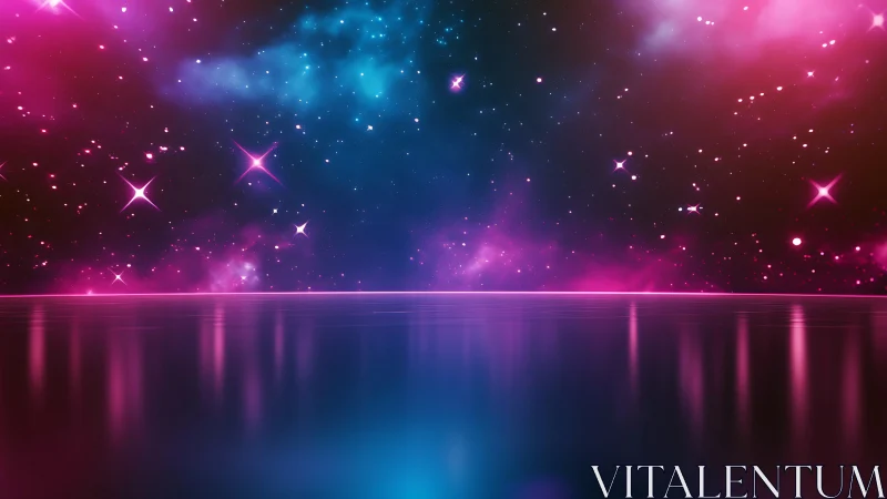 Neon stellar horizon over reflective chromatic plane surface.