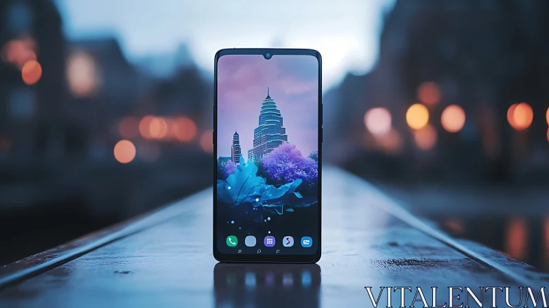 Smartphone displays architectural vista with ethereal bokeh cityscape backdrop