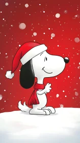 Cartoon beagle in Santa hat stands on snow in red snowfall