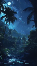 Moonlit tropical ravine renders layered foliage under starfield