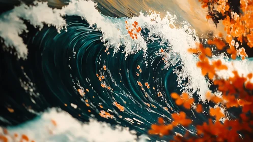 Hydrodynamic wave vortex with autumnal chromatic foliage contrast.