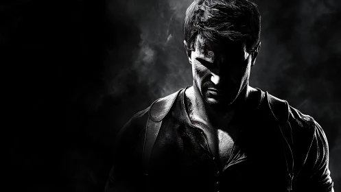 Brooding male figure in stark monochrome digital portrait.