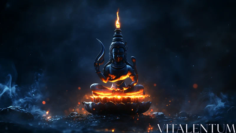 Fiery lotus deity glowing softly in a midnight dreamscape.