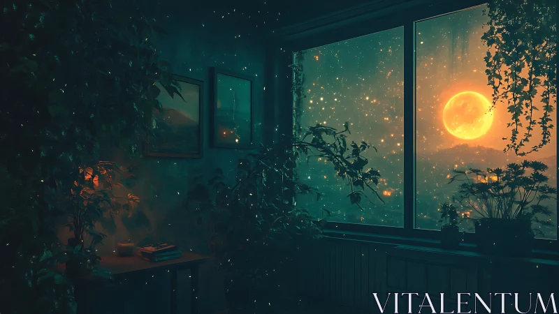 Indoor night garden with large glowing moonlit window view