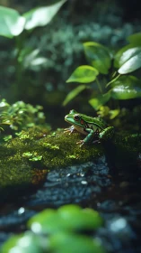 Macro rainforest stream scene with vibrantly lit tree frog