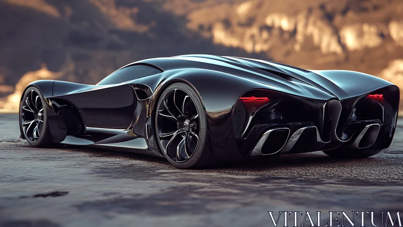 Midnight hypercar prowling sunlit cliffs in mirror black.