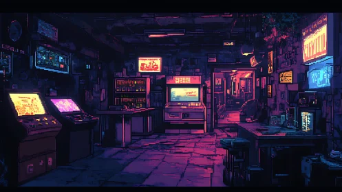 Pixel art interior depicts neon lit arcade and workshop room